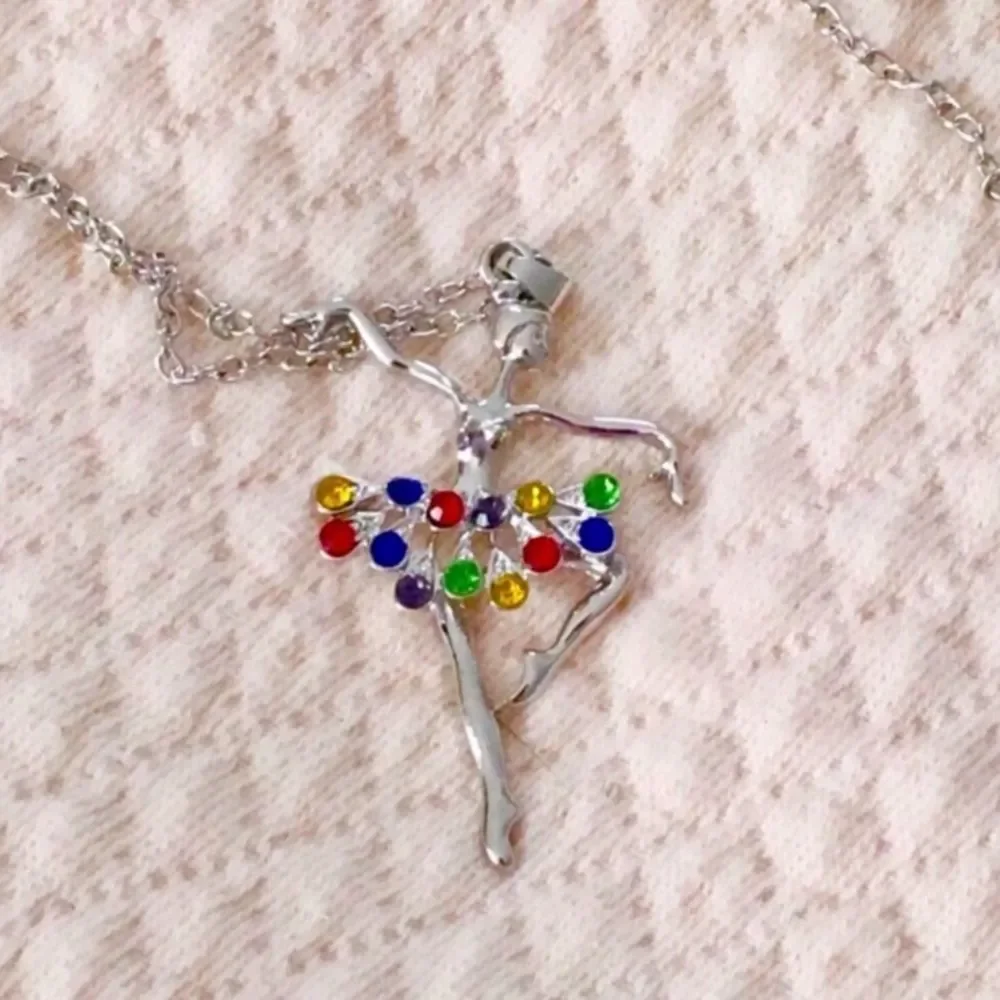 Crystal Ballerina with Rainbow Tutu Pendant Necklace